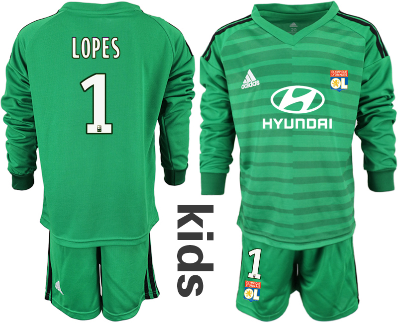 2018_2019 Club Olympique Lyonnais green long sleeve Youth goalkeeper #1 soccer jerseys->chicago blackhawks->NHL Jersey